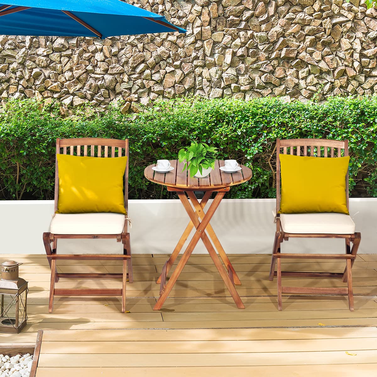 ORALNER 3-Piece Acacia Wood Folding Patio Bistro Set, Small Outdoor Balcony Furniture, Round Coffee Table and 2 Chairs with Soft Cushions, Teak Table Set for Porch, Backyard, Deck (Cream White)