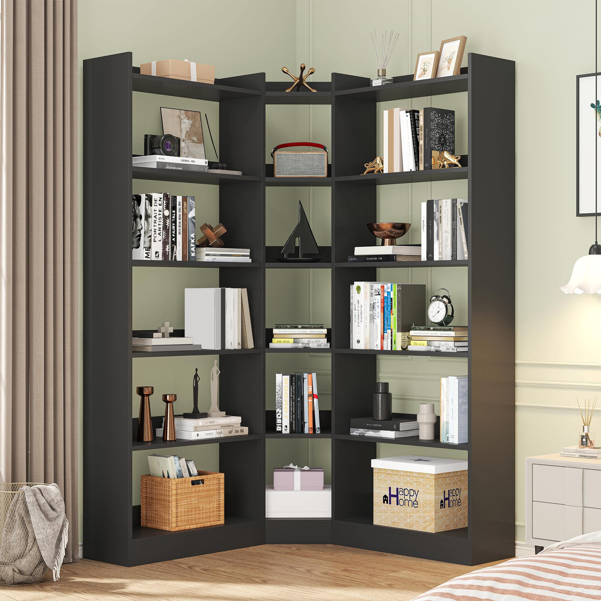 7-Tier L-Shaped Corner Bookshelf with Anti-Fall Baffles – 63.1" Tall