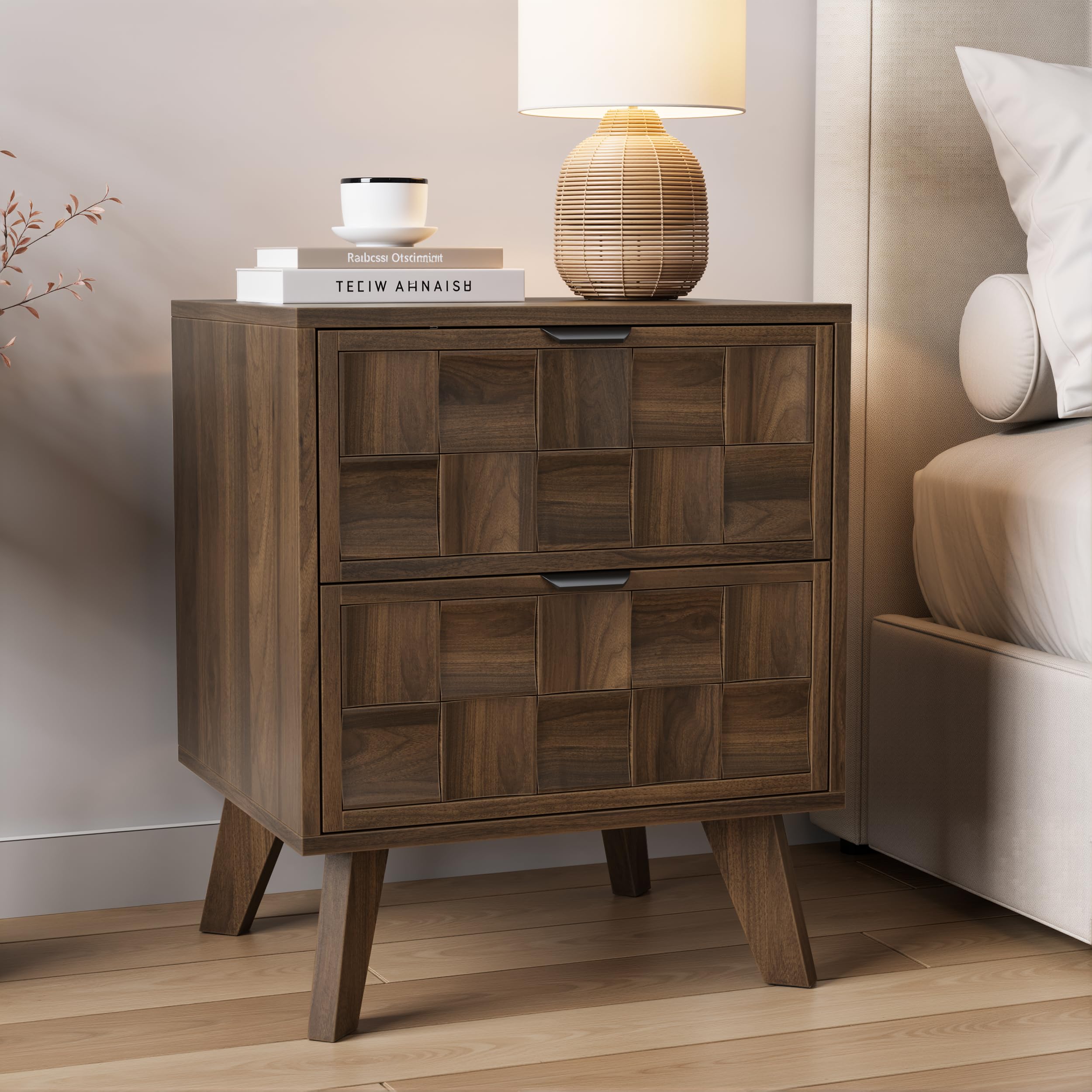 Walnut Nightstand with Embossed Checkerboard Drawers