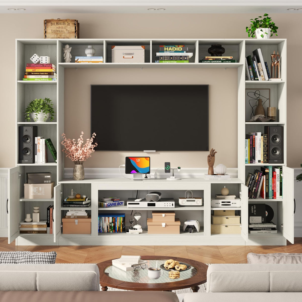 103" TV Stand for TVs up to 75", Wall Unit Multifunctional Entertainment Center with Storage & Bookshelves for Living Room, Farmhouse TV Cabinet with Power Outlets, Media Cabinet with Storage Shelves