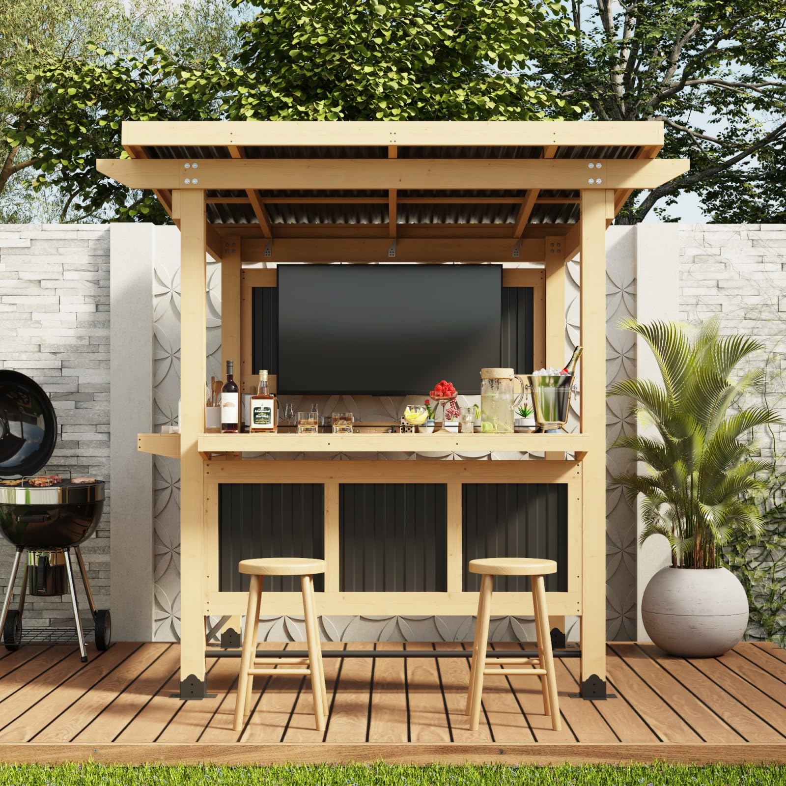 MOUMON 7FT Grill Gazebo with TV Mount, Cedar Wood Bar Gazebo Outdoor Bar Set with PVC Roof, Dual Countertop, Shelves, Patio Entertain Center Shade Pavilion for Backyard Garden Poolside Beige