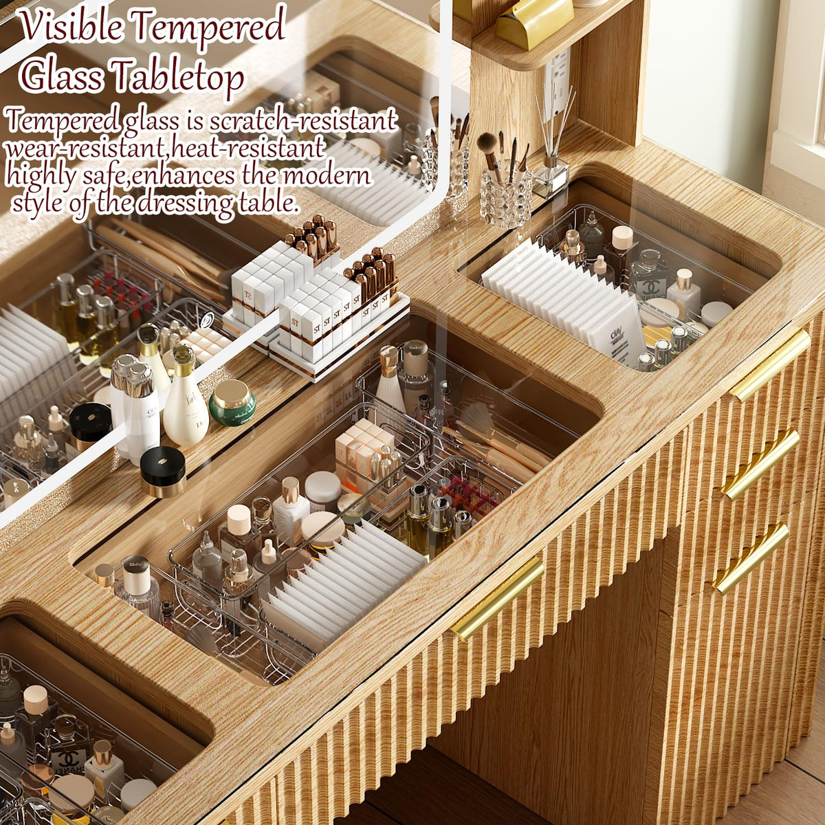 Fluted Makeup Vanity with Lighted Mirror