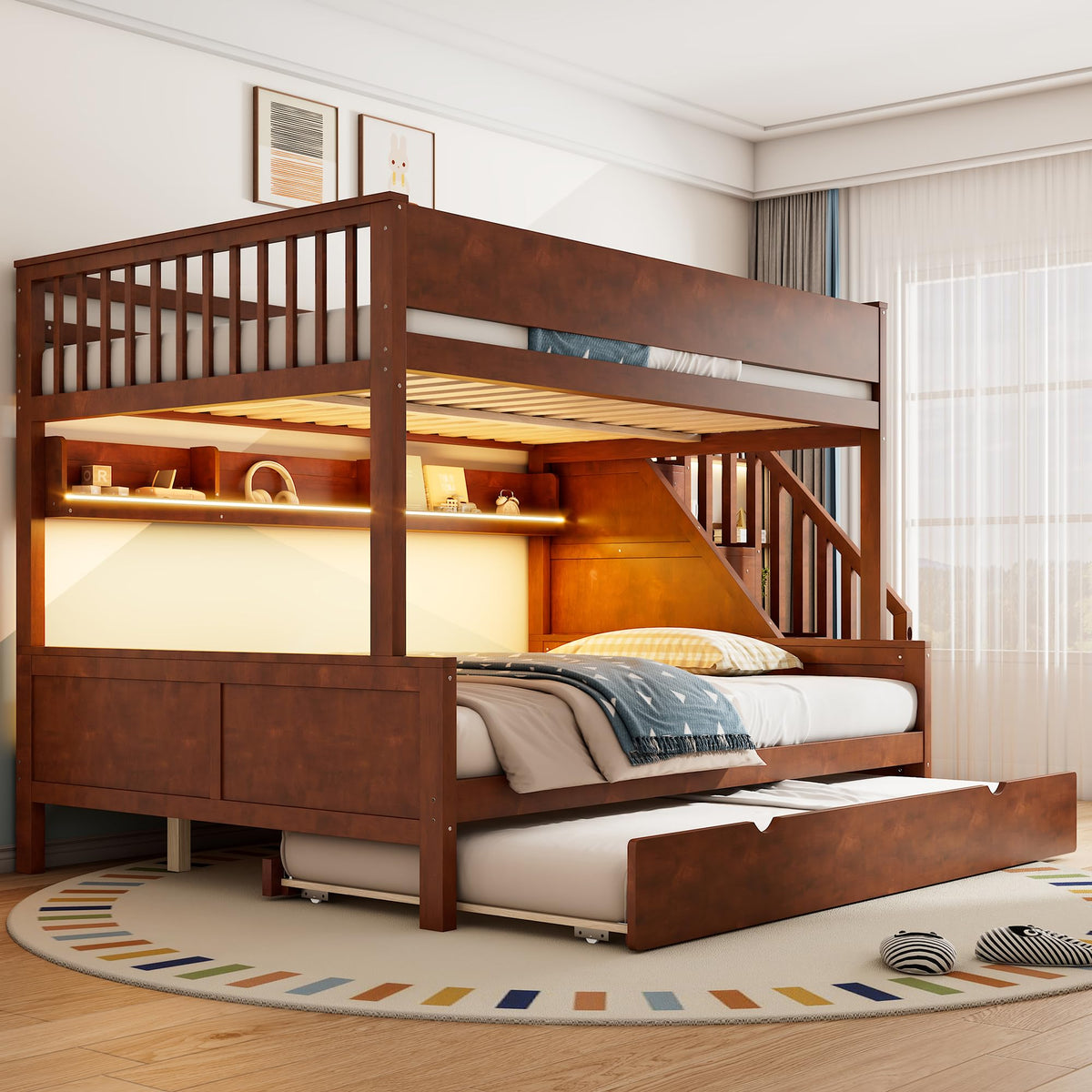 SOFTSEA Full XL Over Queen Bunk Bed with Trundle & Stairs, Solid Wood Bunk Bed Frame with Storage Shelves & LED Lights, Space Saving Bunk Beds with Storage Stairs for Kids Teens Adults, Walnut