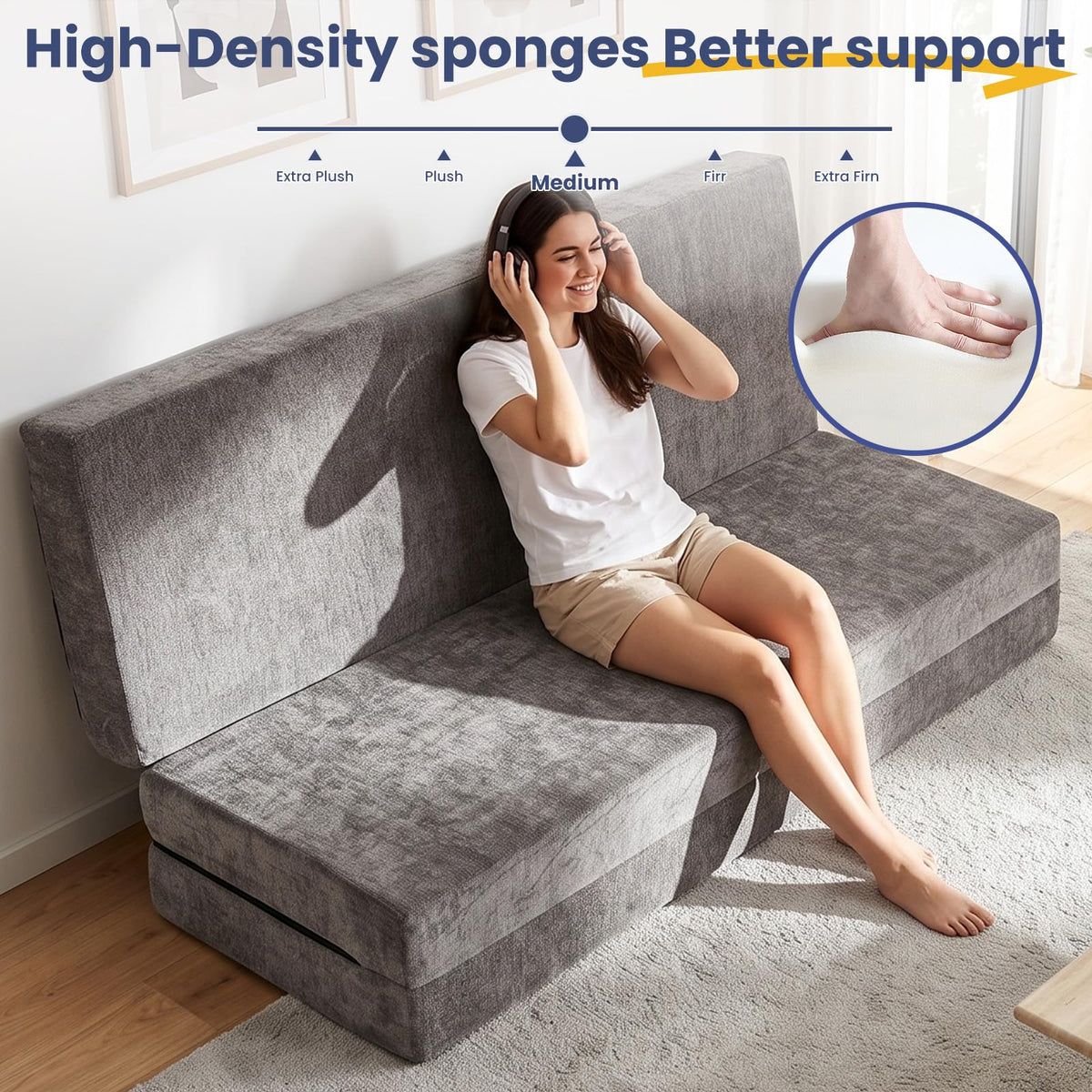 JUIKURY Cool & Breathable Chenille 6 Inch Memory Foam Foldable Futon Sofa Bed with Handles & Non-Slip Bottom, Covertible Sofa Bed for Guest, Camping, Dorm