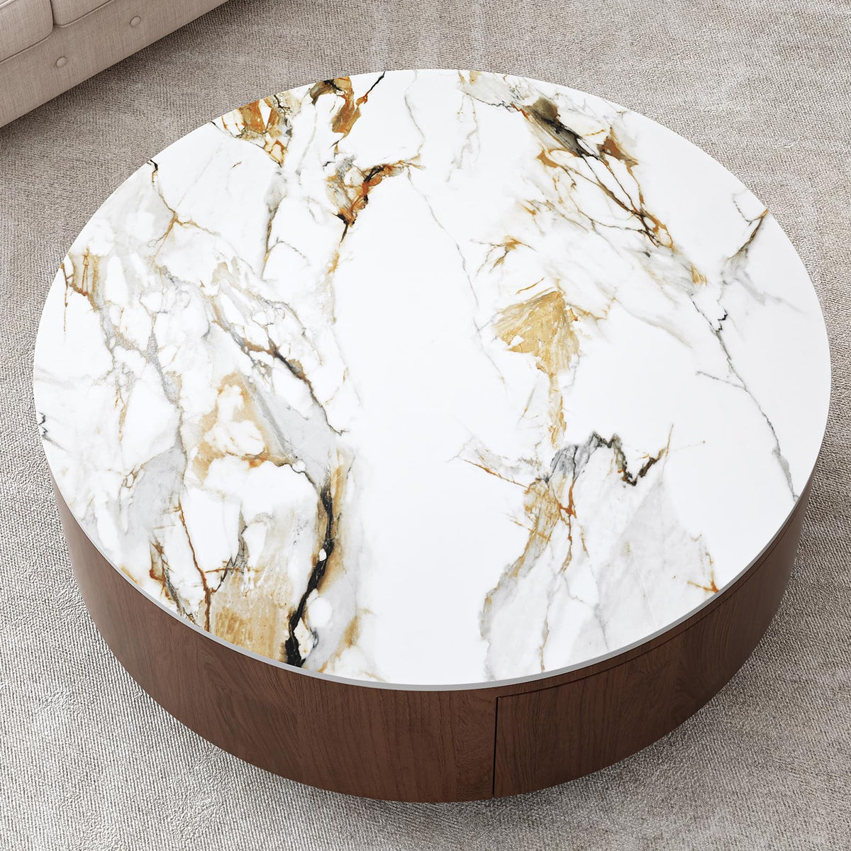 Round Stone Coffee Table with Drawers