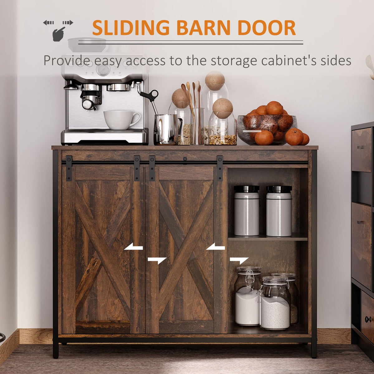 HOMCOM Industrial Farmhouse Buffet Cabinet, Kitchen Sideboard with Sliding Barn Doors, Three Drawers and Adjustable Shelves for Living Room, Rustic Brown