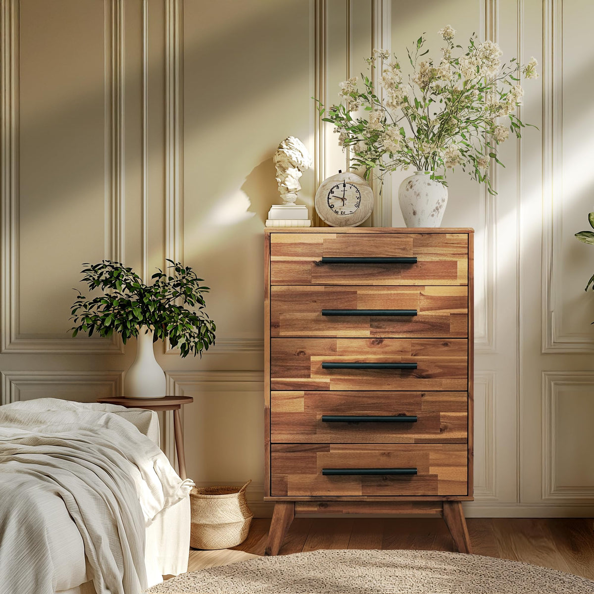 Acacia Linea 26" 5-Drawer Solid Wood Dresser, Chest of Drawers, Walnut