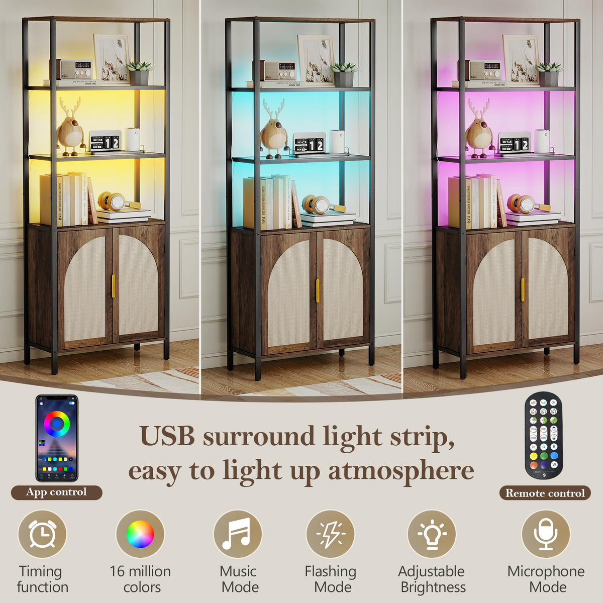 Rattan LED Bookshelf with Cabinet
