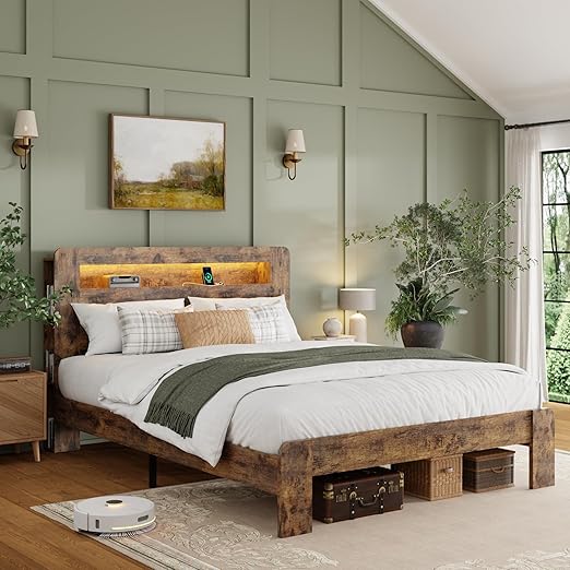 Wooden Platform Bed Frame with Storage Headboard, Charging Station & LED Lights