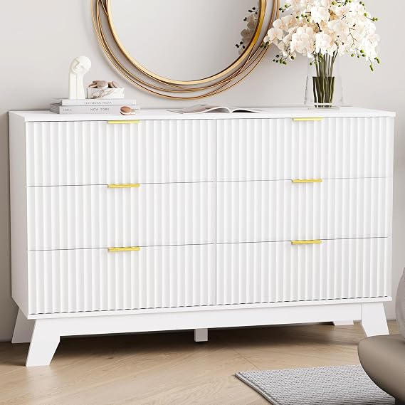 6-Drawer Fluted Dresser with Gold Handles