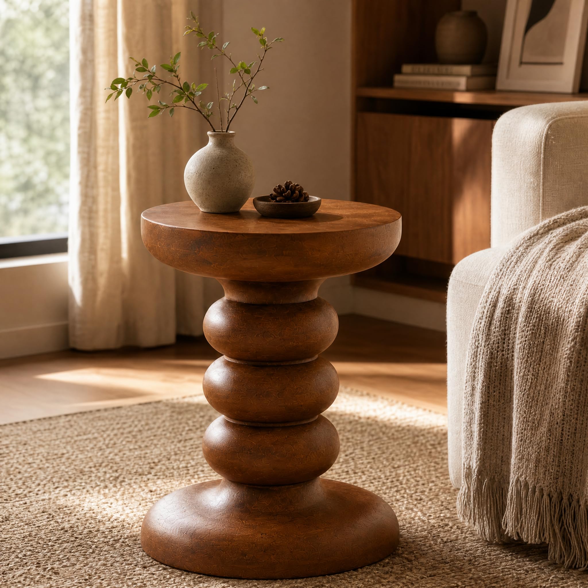 YESWOOD Round End Table, 17.7" Tall Mid Century Modern Side Table, Circle Bedside Tables Drink Table Mango Wood Nightstand for Small Spaces, Living Room