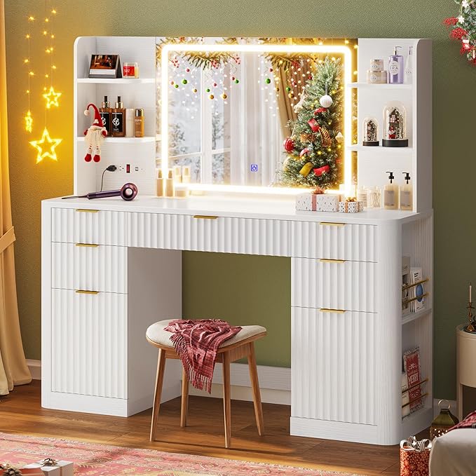 Fluted Makeup Vanity Desk with Lighted Mirror