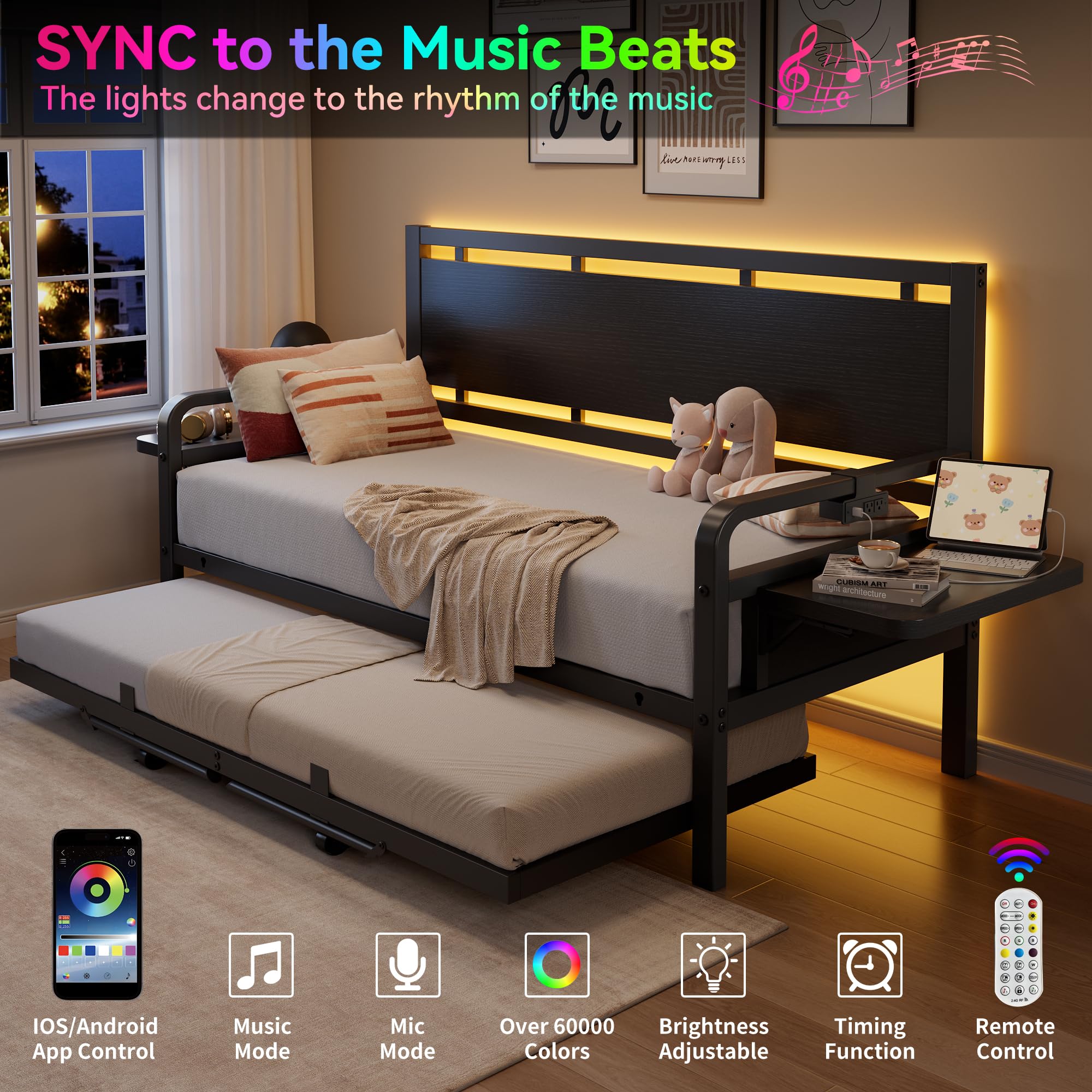 Twin Daybed with Trundle & LED Light