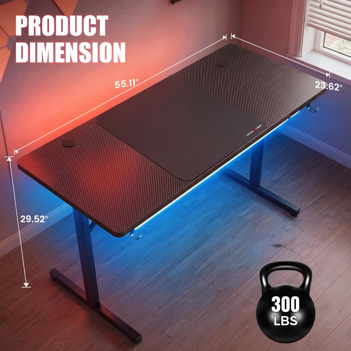 GTPLAYER Gaming Desk 55 Inch with LED Lights, Large Computer Desk with Mouse Pad for Home Office, T-Shaped Carbon Fibre Surface PC Game Workstations with Headphone Hook
