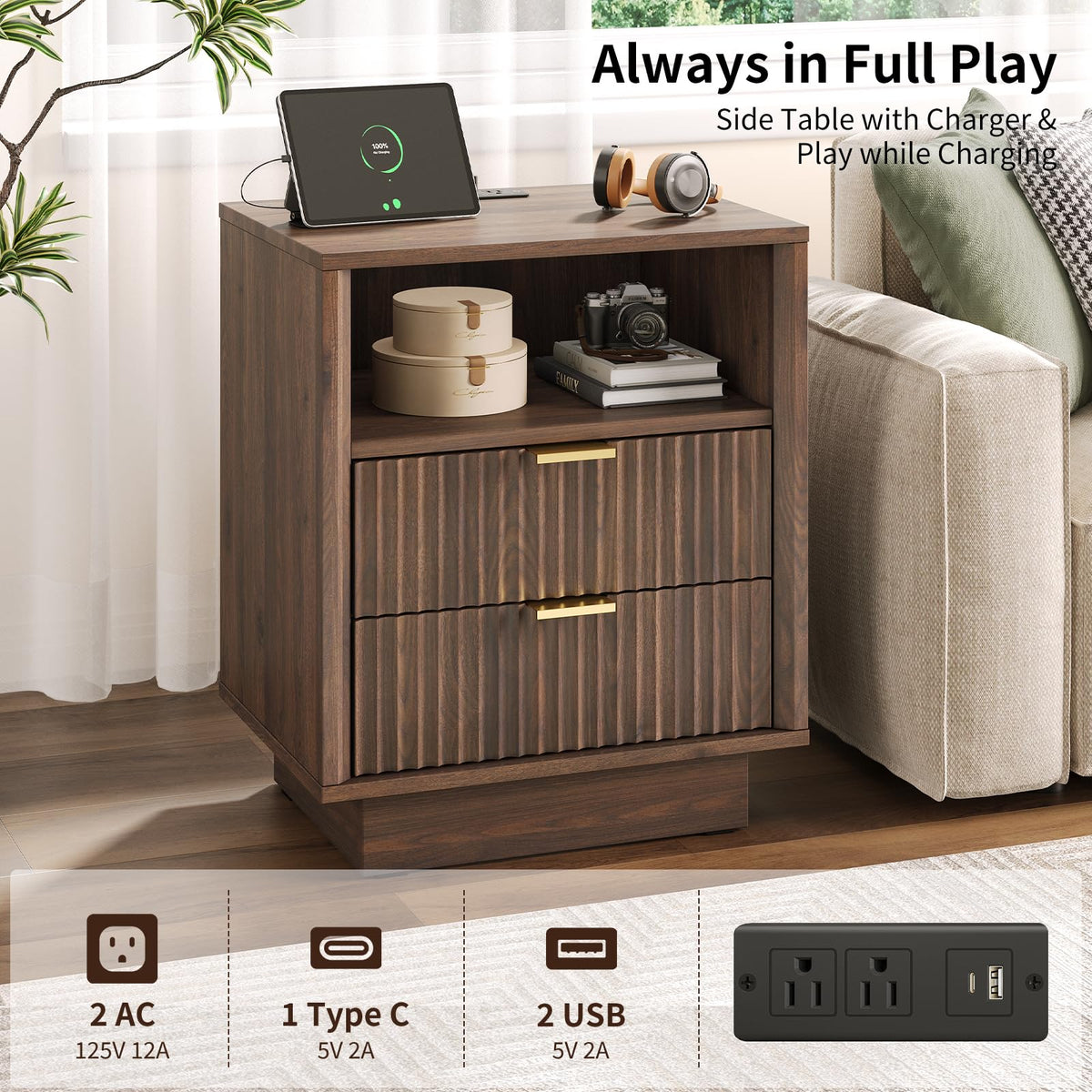 Nightstand with Charging Station, LED Light, 2-Drawer, Walnut, Bedroom