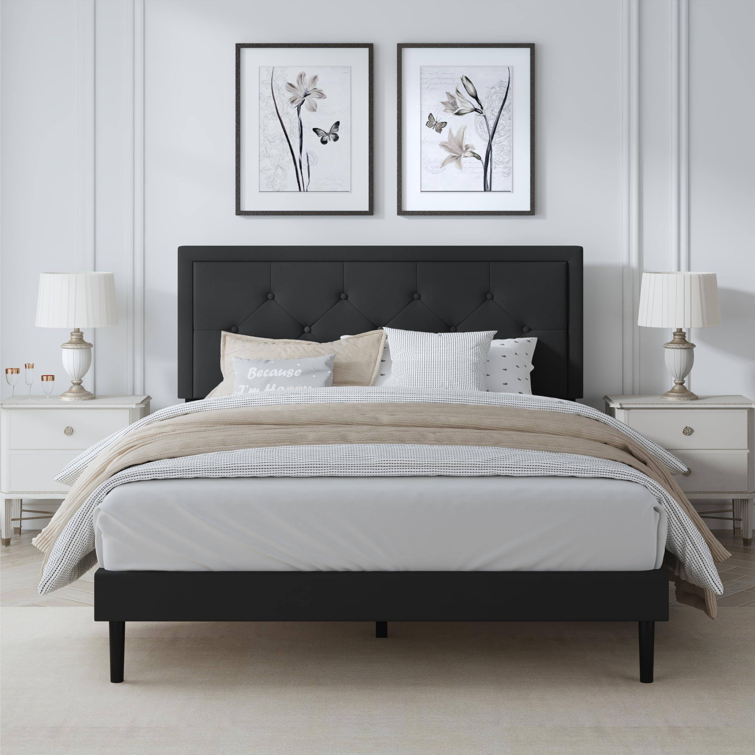 IOILORI Full Size Bed Frame with Upholstered Velvet Headboard, No Box Spring Needed, Button Tufting Design, Strong Wooden Slat, Black