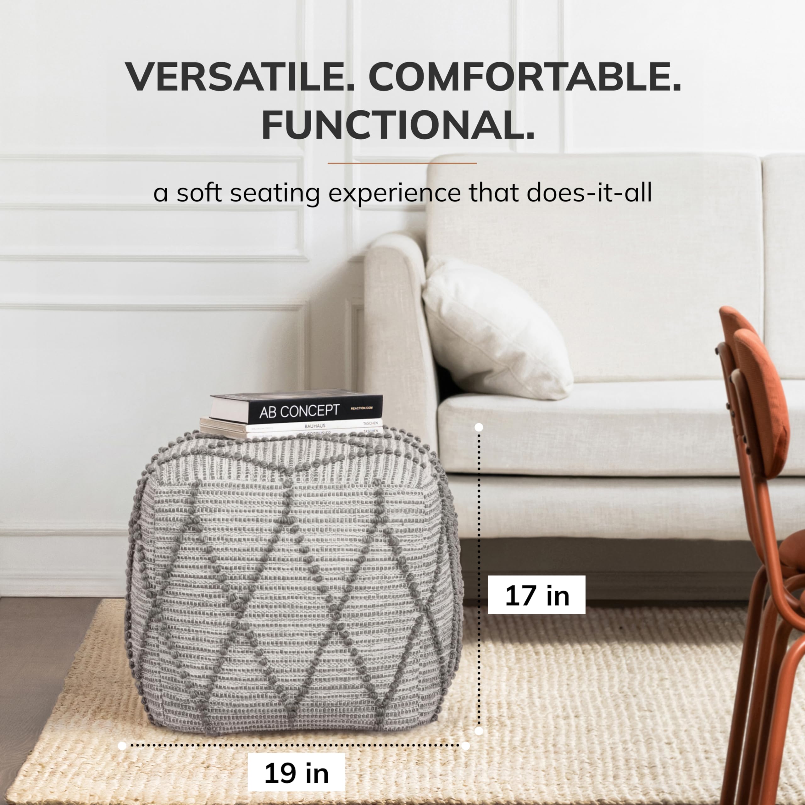 Anji Mountain Pouf Ottoman Foot Rest, Handmade Ottoman Pouf, Comfortable Foot Stool, Decorative Floor Seating for Living Room Decor, Bedroom & Home Décor Accent - Warm Gray