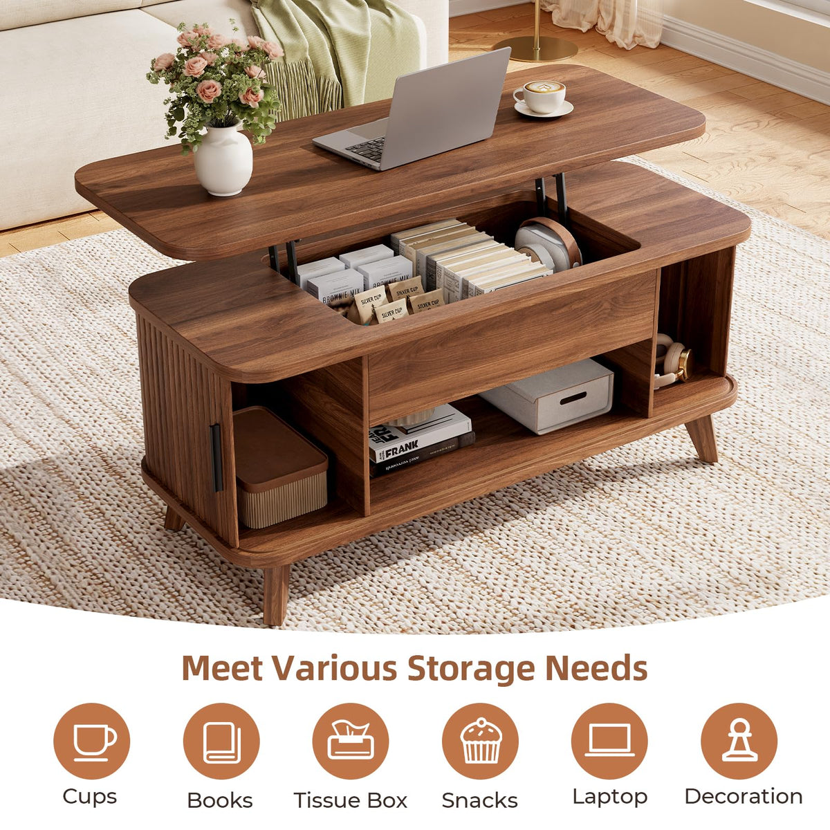 Mid Century Lift Top Coffee Table with Hidden Storage, Brown