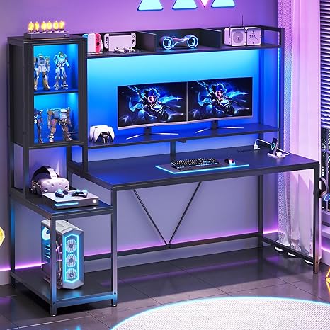 60-Inch Gaming Desk with Hutch & LED Lights