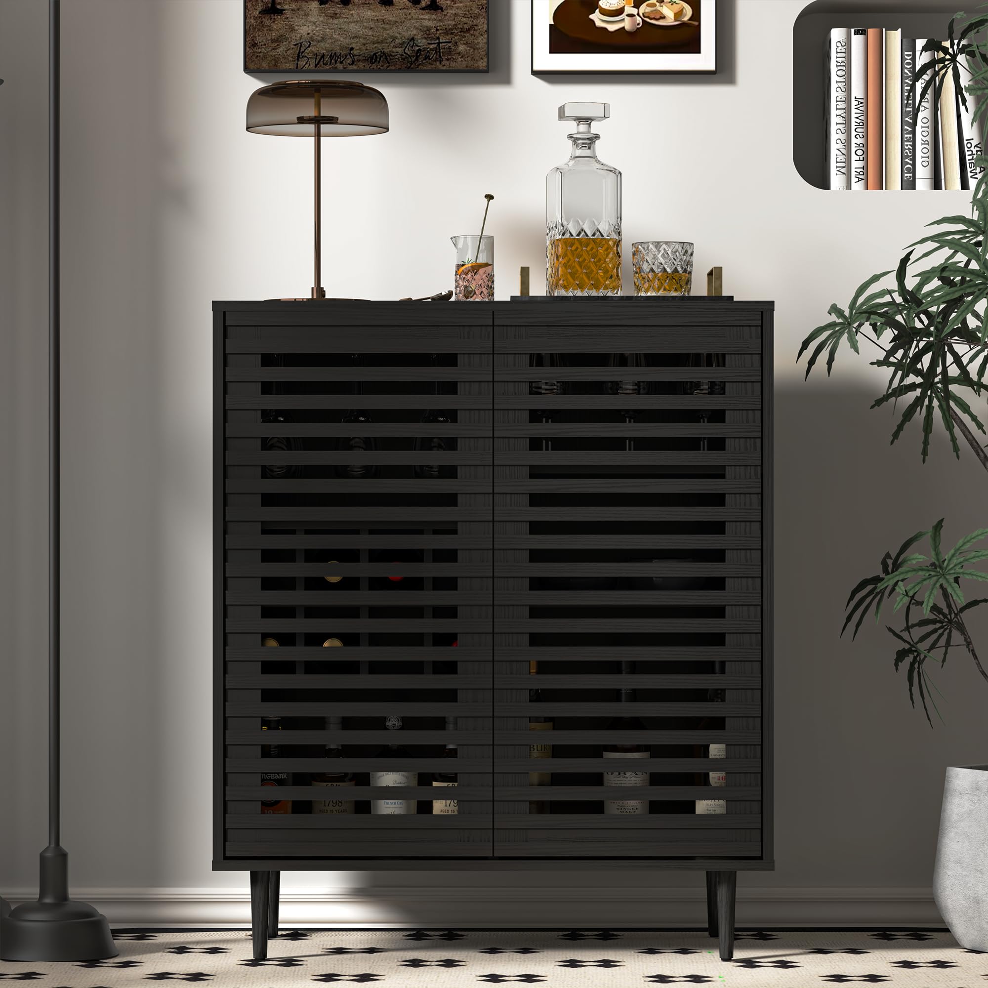 ZOSQUARE Mid Century Bar Cabinet with Wine Racks, Modern Liquor Cabinet with Slatted Doors for Dining Room, Living Room (Black)