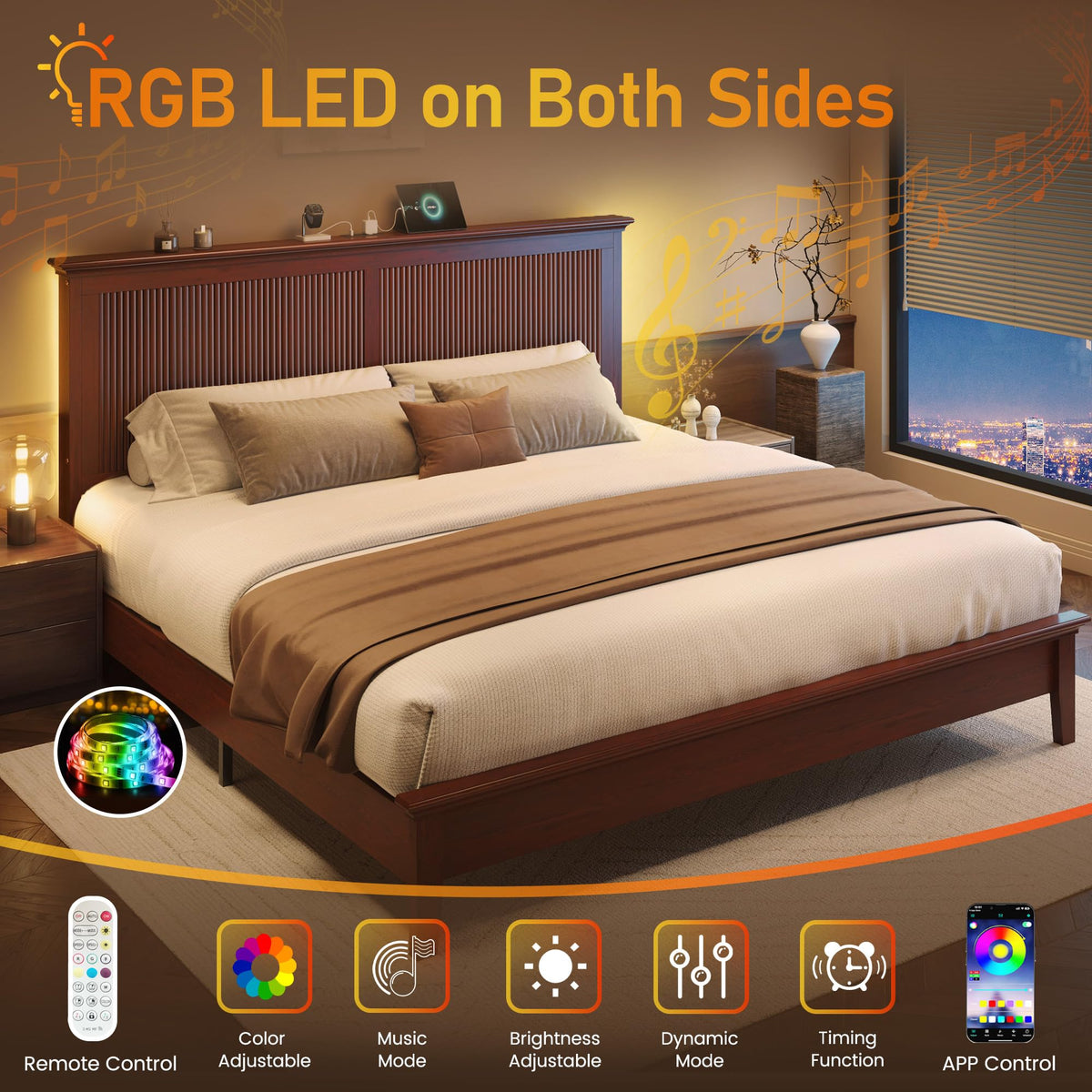 King Solid Wood LED Bed Frame