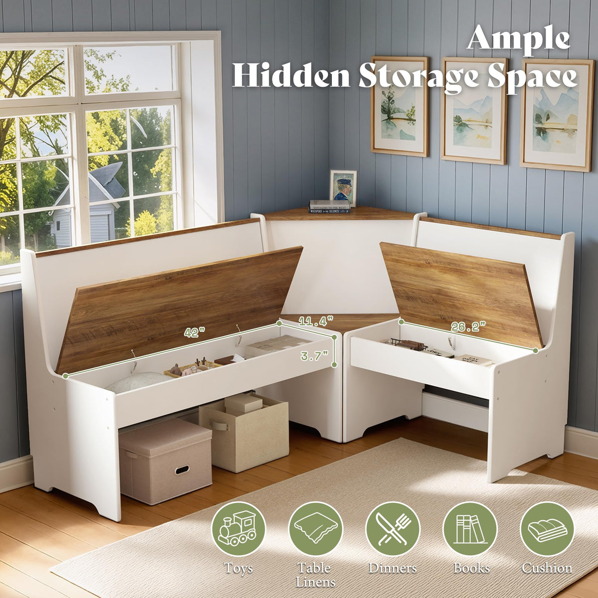 AMERLIFE 3-Piece Corner Dining Set with Hidden Storage, White & Barnwood
