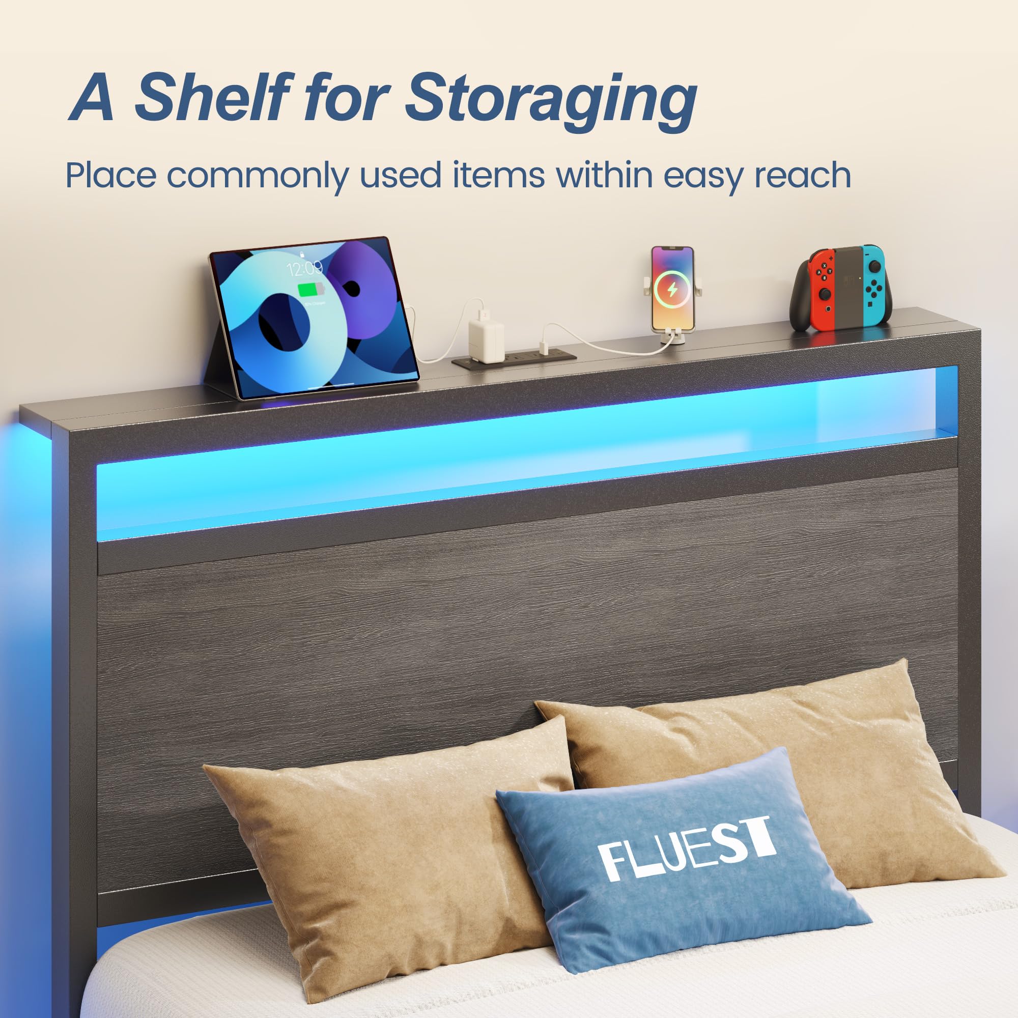 Fluest Twin Bed Frame,Twin Bed Frame with Storage Headboard & Storage Drawer, Charging Station & LED Light, No Box Spring Needed, Noise Free, Easy Assembly, Rustic Grey
