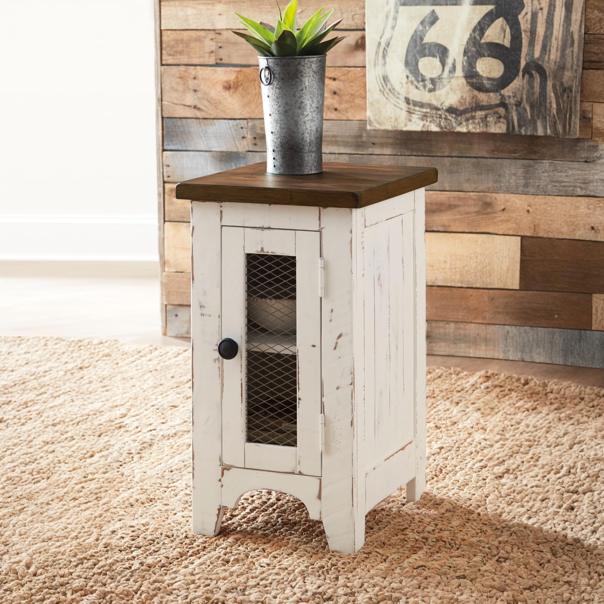 Farmhouse Chairside End Table with Cabinet Door & Metal Grill
