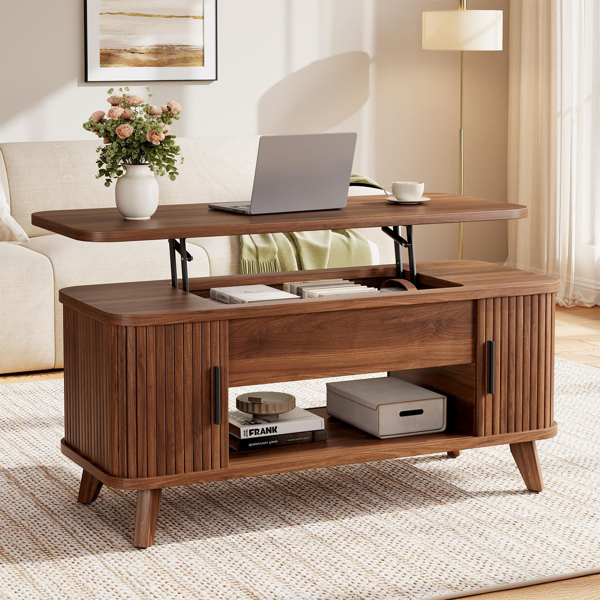 Mid Century Lift Top Coffee Table with Hidden Storage, Brown