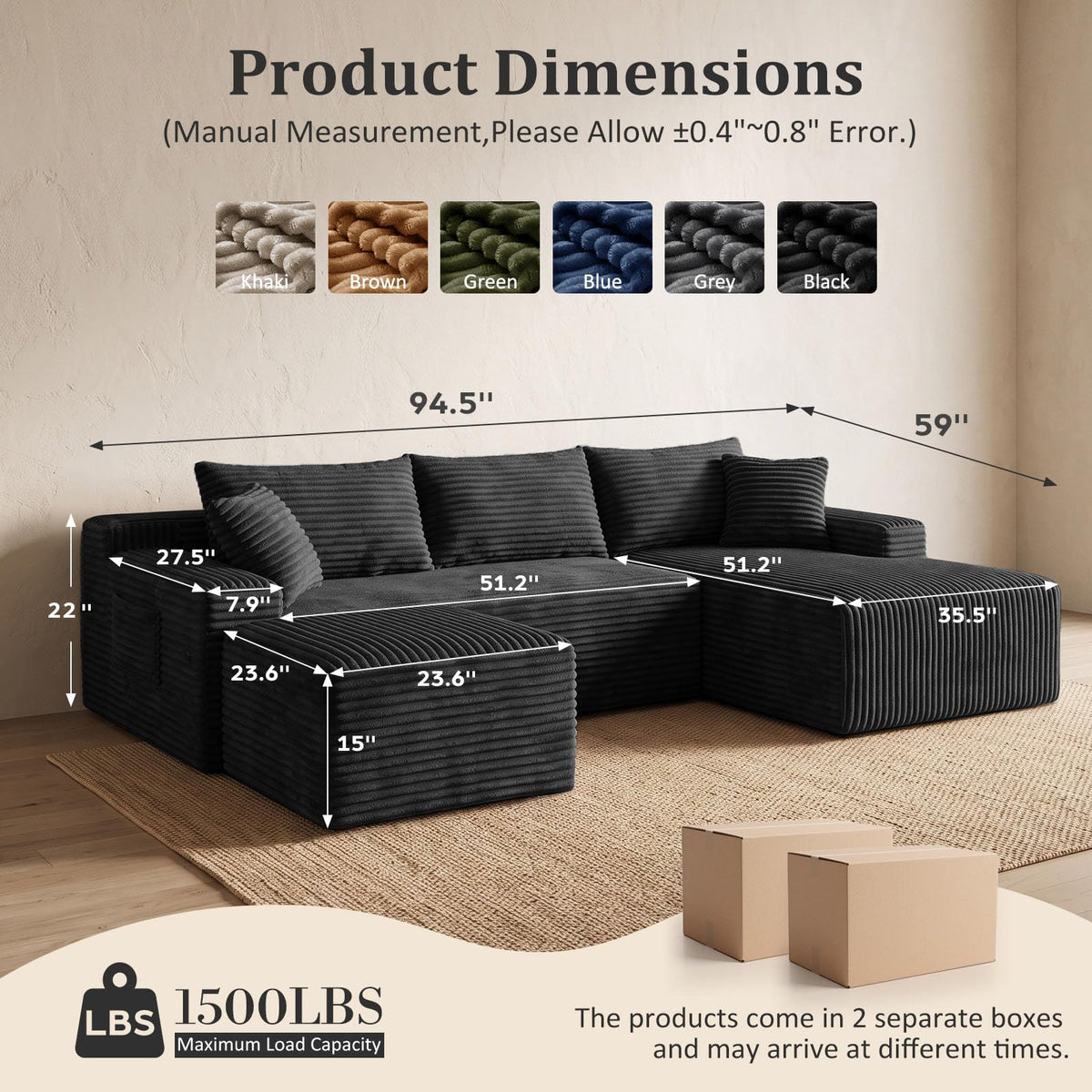 U-Shape Corduroy Modular Sectional Sofa