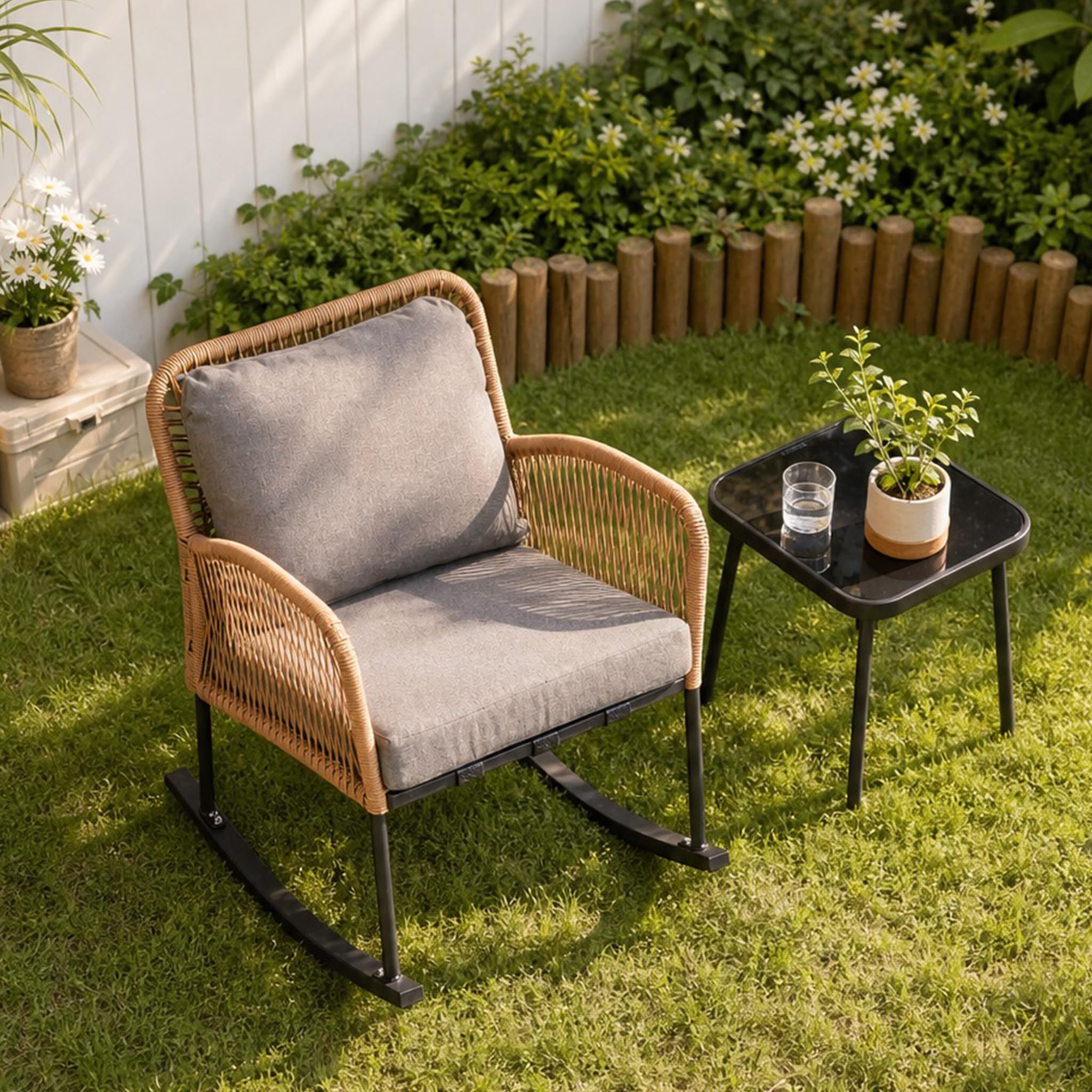 PAZDQ 3-Piece Patio Rocking Bistro Set, Outdoor Hand-Woven PE Wicker Furniture, All-Weather Rattan Bistro Sets & Minimalist Side Table for Porch, Garden, Backyard, Grey