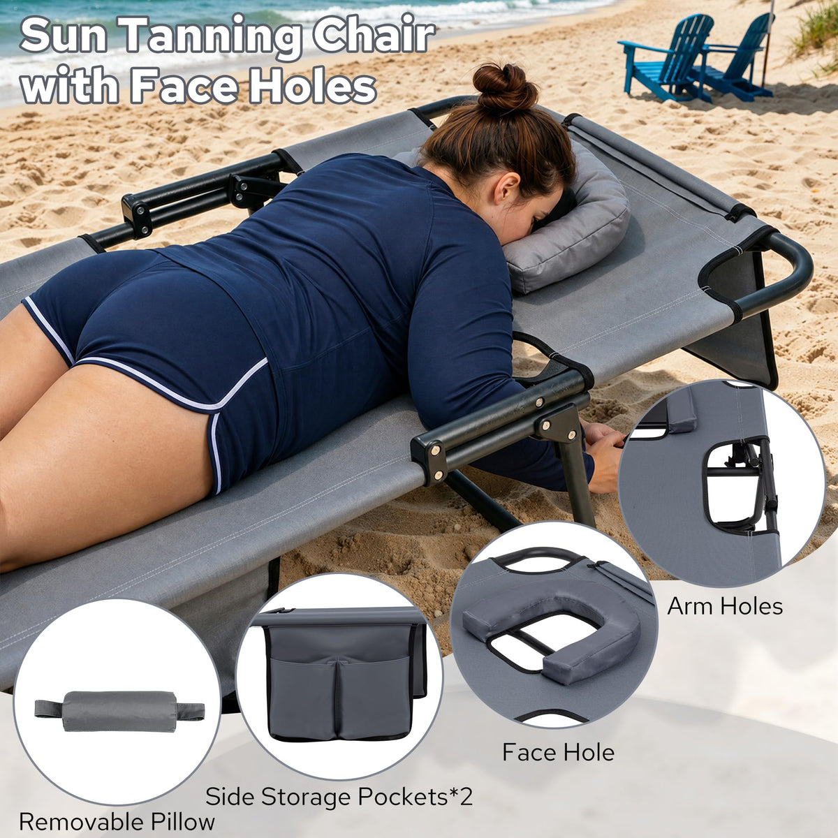 Ahsuname Tanning Chair with Face Hole, 5-Position Adjustable Backrest Beach Lounge Chair with Pillow, Side Pocket & Padded Cushion for Outdoor Patio Pool Lawn Deck, Grey
