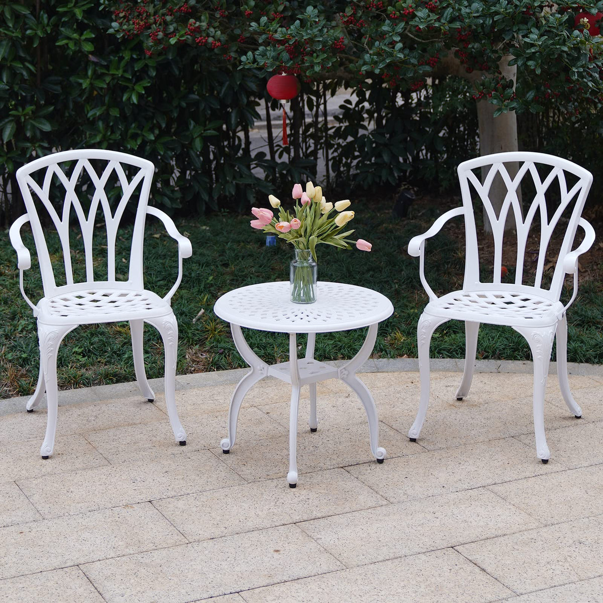 YKSY&YKSY Jardin DE CENTENNAIL 3-Piece Outdoor Bistro Set Cast Aluminum Rust-Resistant Patio Furniture Armchairs Design (White) 1