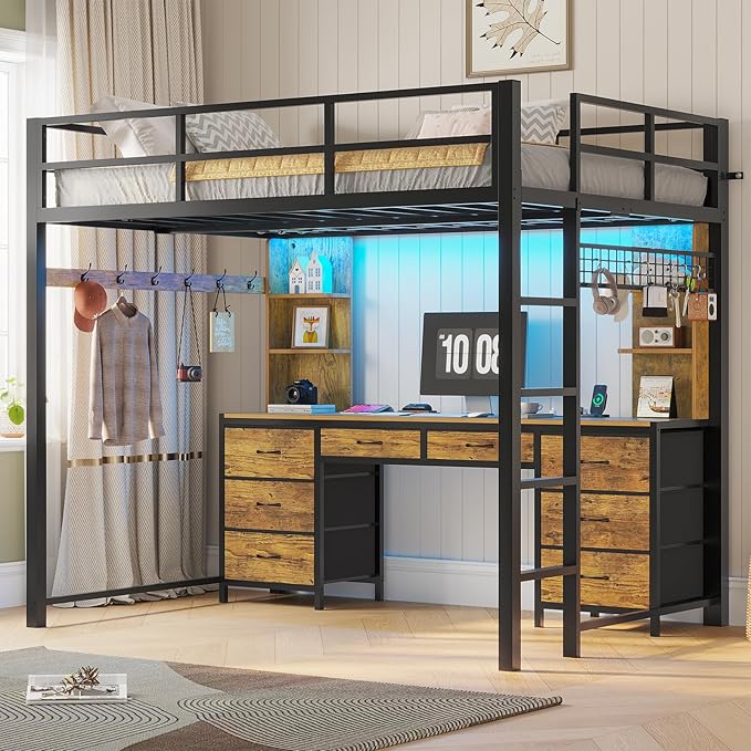 Full Size Loft Bed with Desk, Storage Drawers & LED Lights