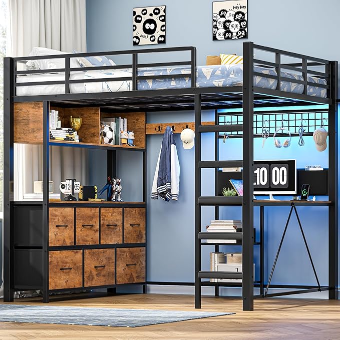 Full Size Loft Bed with Desk, Drawers & LED Lights