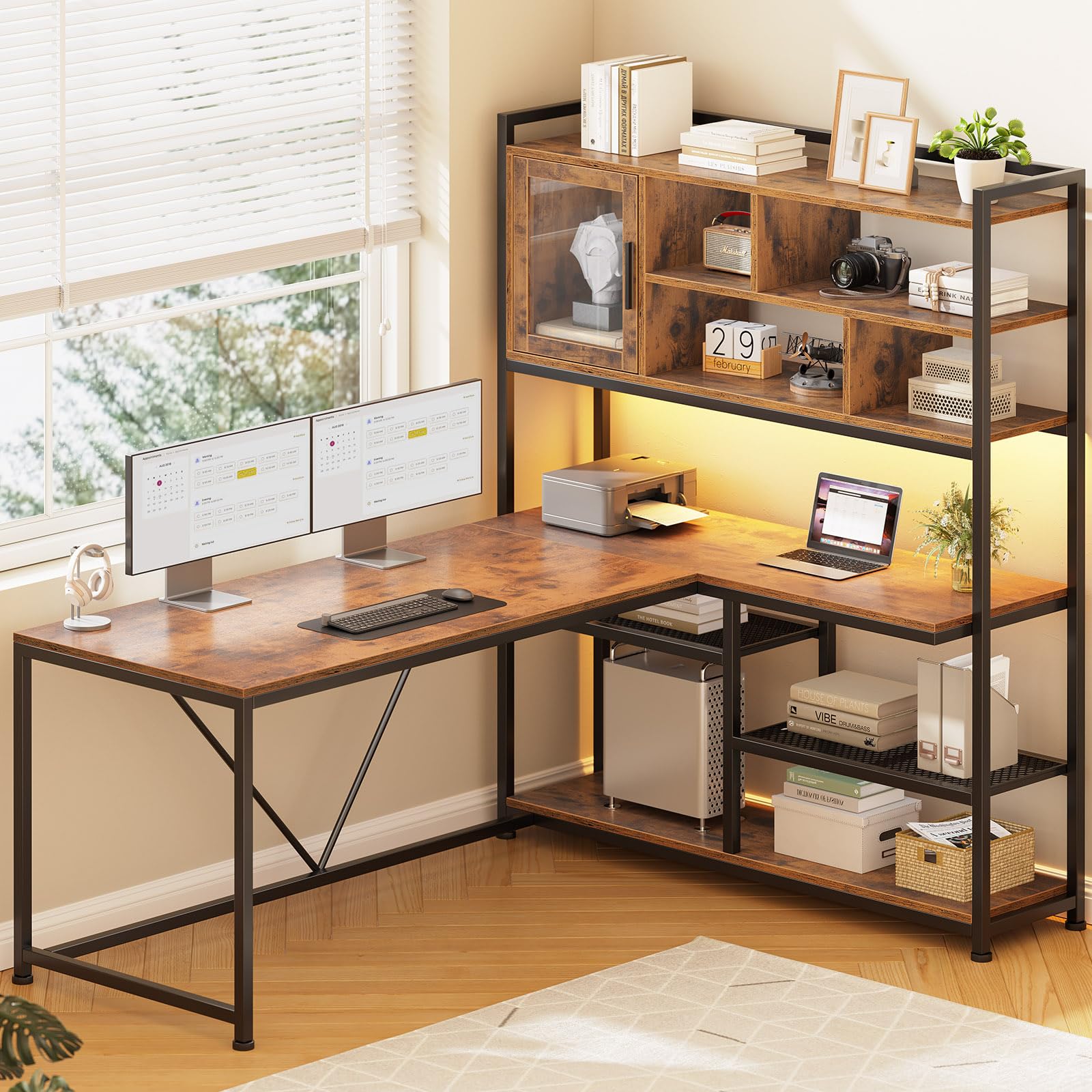 L-Shaped Desk with LED Light & Bookshelf