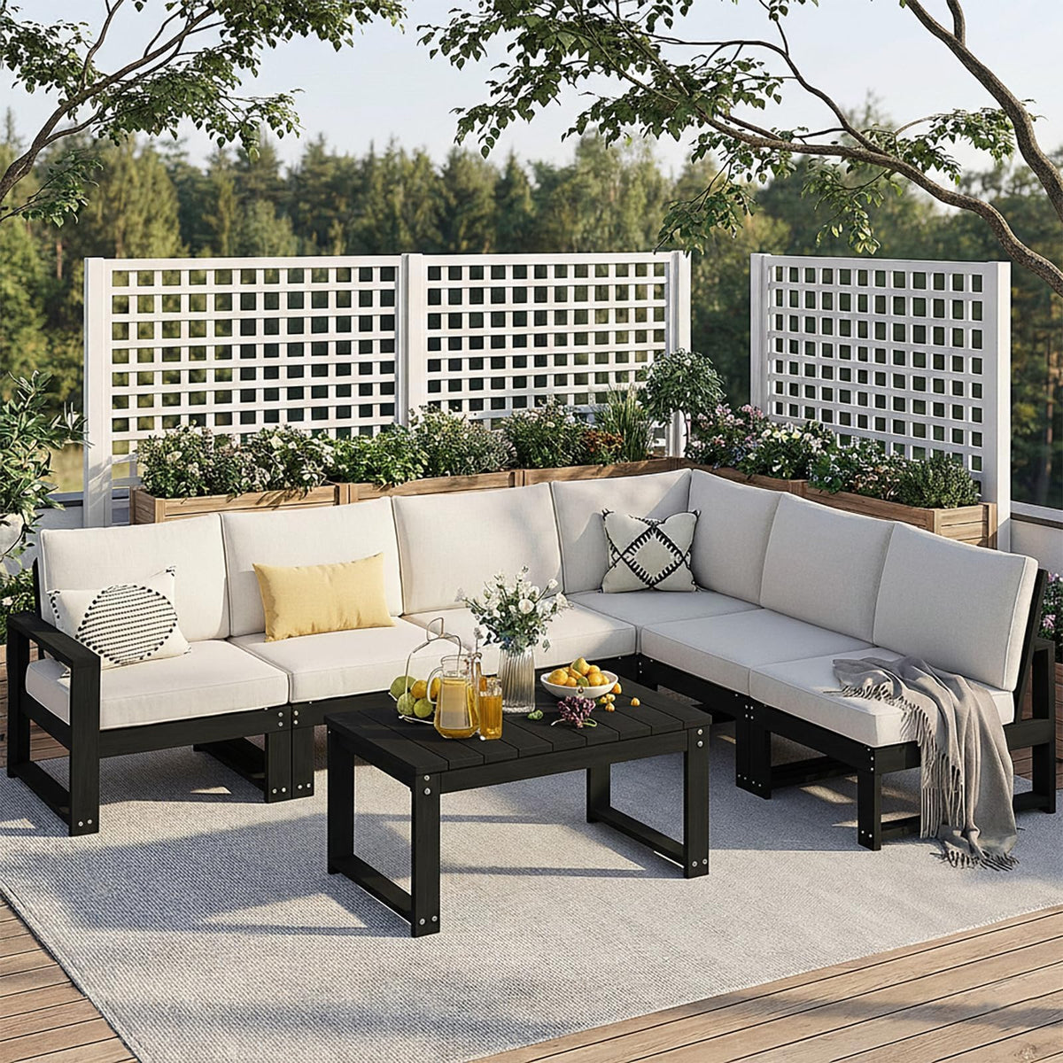 Polyhouz Outdoor Furniture with Cushions, Patio Furniture Set, 7-Piece L Shaped Outdoor Couch Sets 6 Seats, HDPE Patio Sectional Sofas for Porch, Deck, Backyard, Black