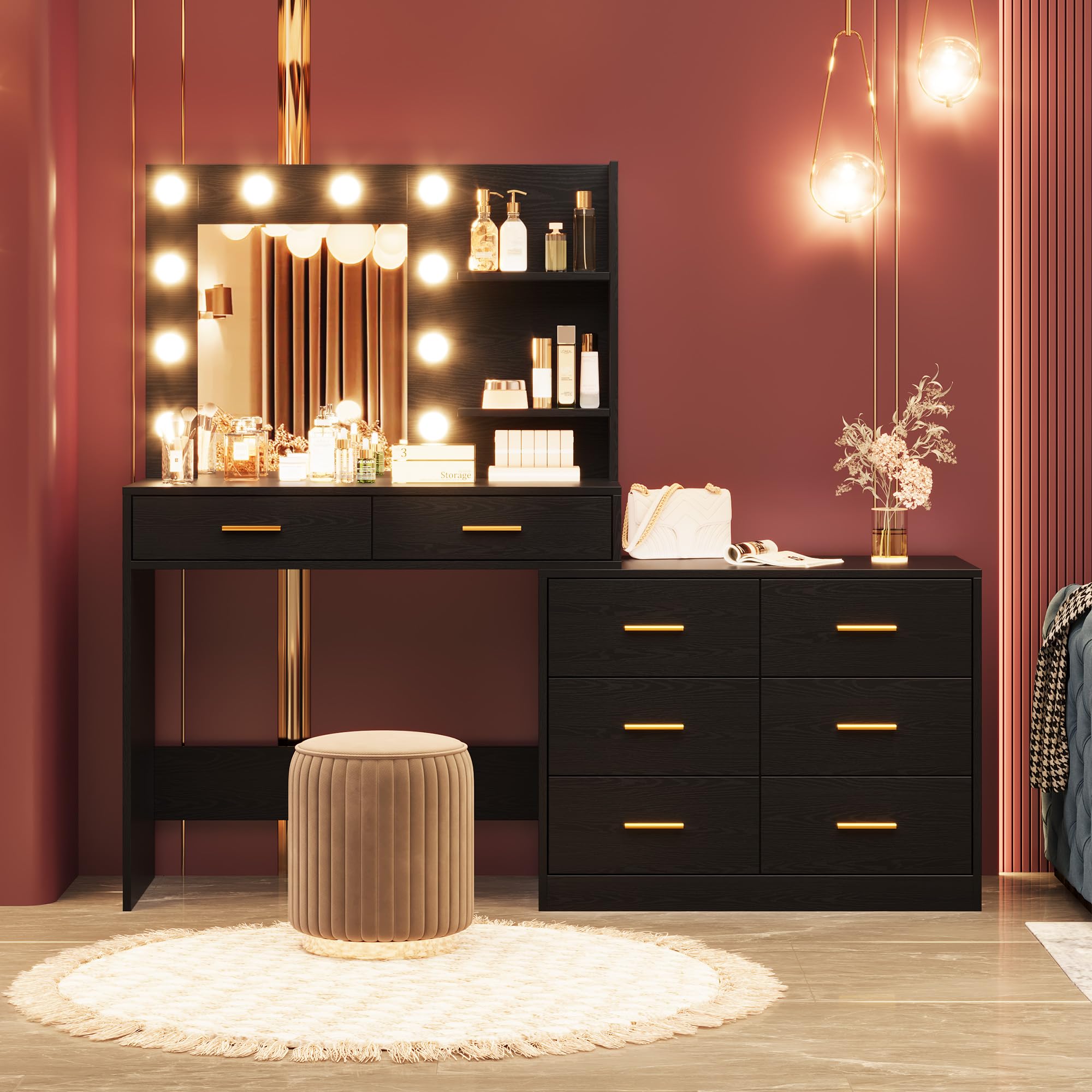 GarveeHome 61 in Make up Vanity Desk with Mirror and Lights, Black Vanity with 8 Wide Storage Drawers & 2 Tier Shelves, 3 Lighting Modes with Adjustable Brightness for Bedroom