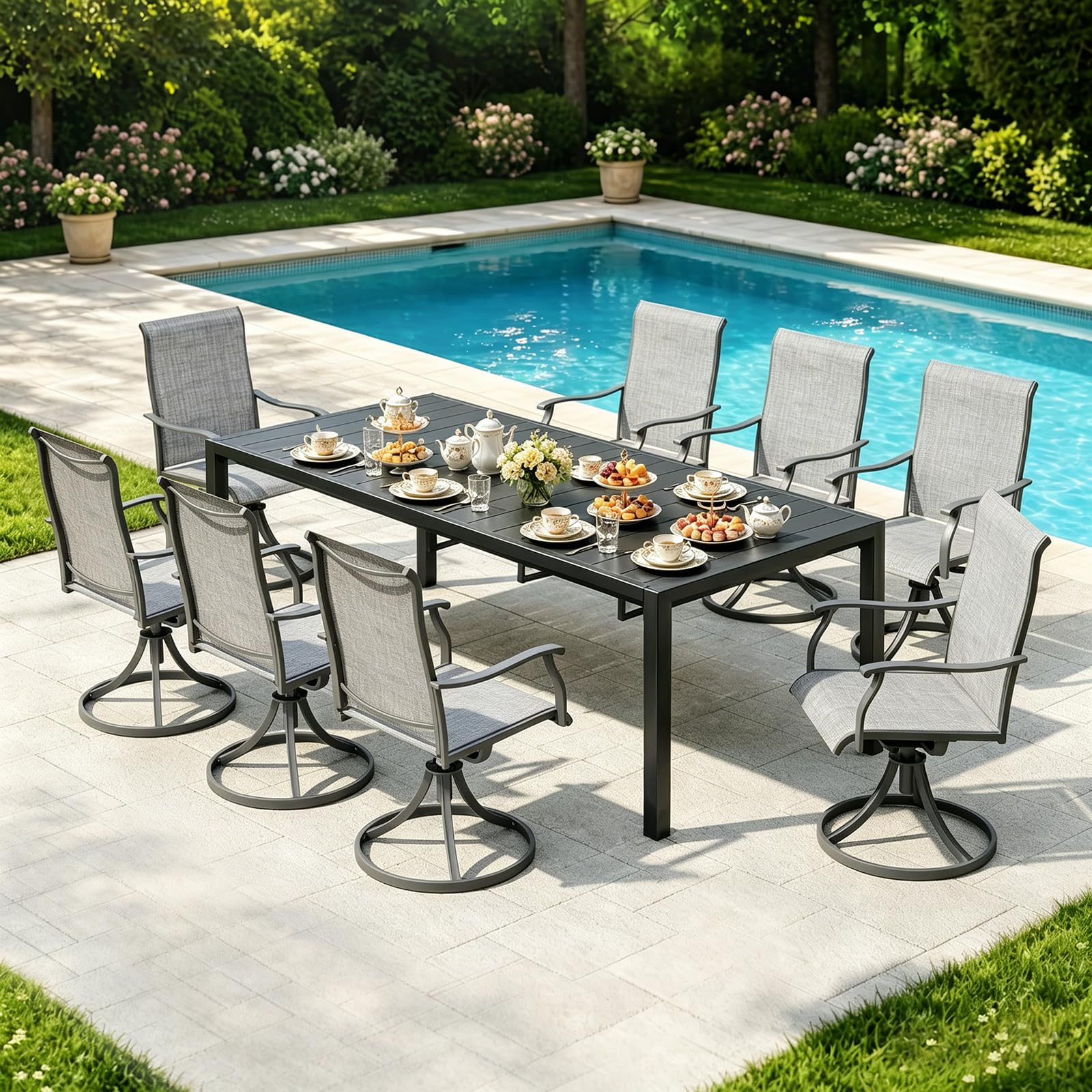 MEOOEM Expandable Patio Dining Table for 8, 78.8" Large Long Adjustable Rectangular Outdoor Table for 4-8 Person, 500LBS Sturdy Black Metal Extendable Patio Table for Outside,Garden, Lawn, Backyard