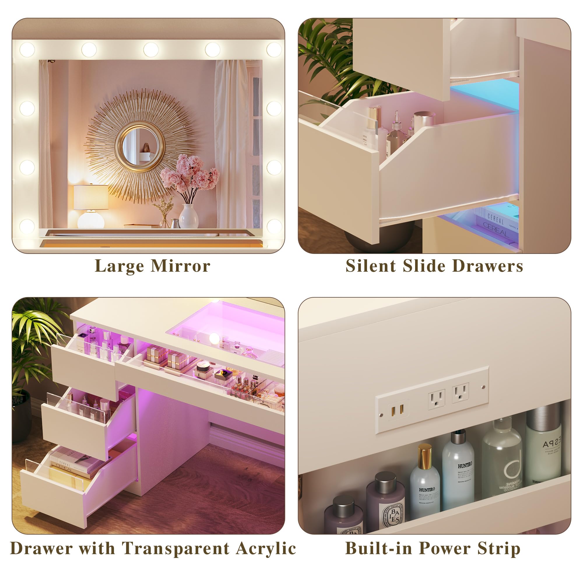 HUAHUU Vanity Desk with Lighted Mirror & Transparent Top, Makeup Vanity Desk with 4 Transparent Drawers and RGB Lighting, Built-in Power Outlet, 3-Tier Side Shelves & Storage Organizer for Bedroom