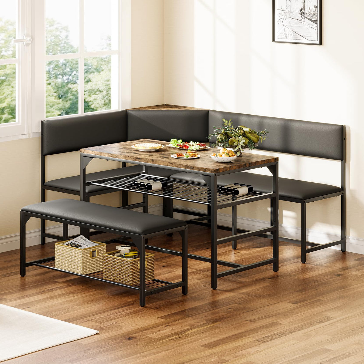 Dripex Kitchen Corner Dining Table Set with Soft Seat, Breakfast Nook Table Set for 4-6 People, Dining Room Sets for 4, Space Saving Dining Table Set for Small Space, Rustic Brown