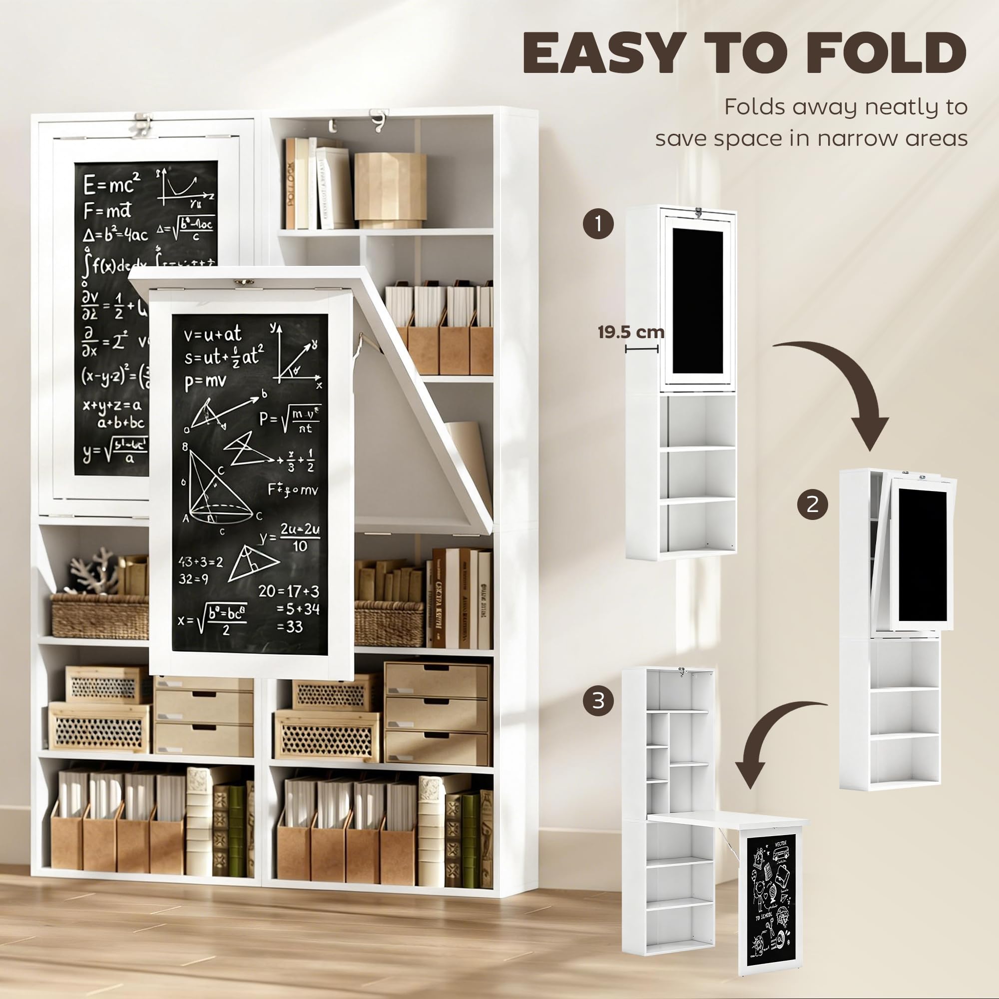 HOMCOM Foldable Convertible Writing Table, Wall Mounted Space-Saving Computer Desk with Chalkboard and Storage Shelves for Small Spaces, Home Office, Bedroom, Dorm, Apartment, White