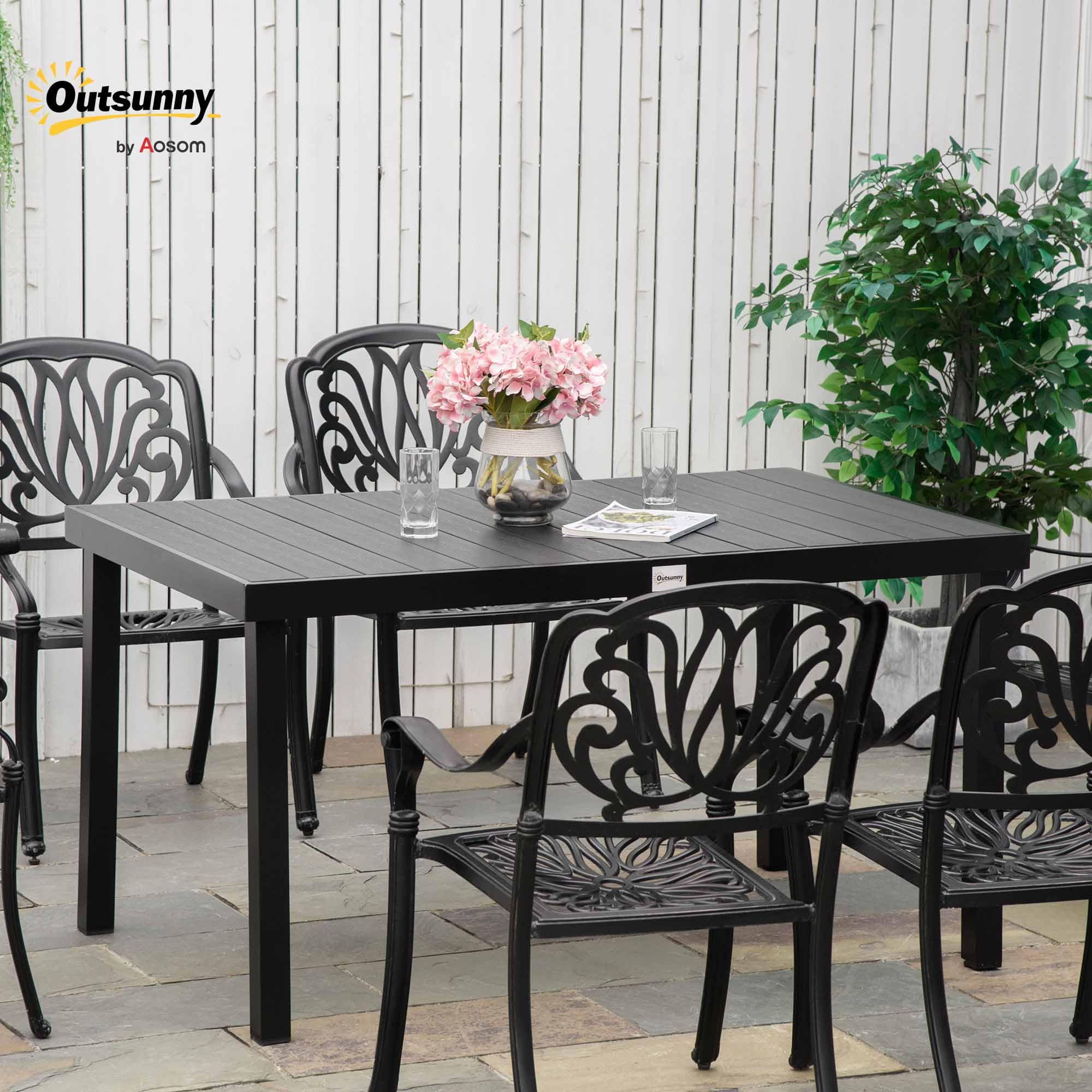 Outsunny Outdoor Dining Table for 6 Person, Rectangular Patio Table, Aluminum Metal Legs for Garden, Lawn, Patio, Woodgrain Black