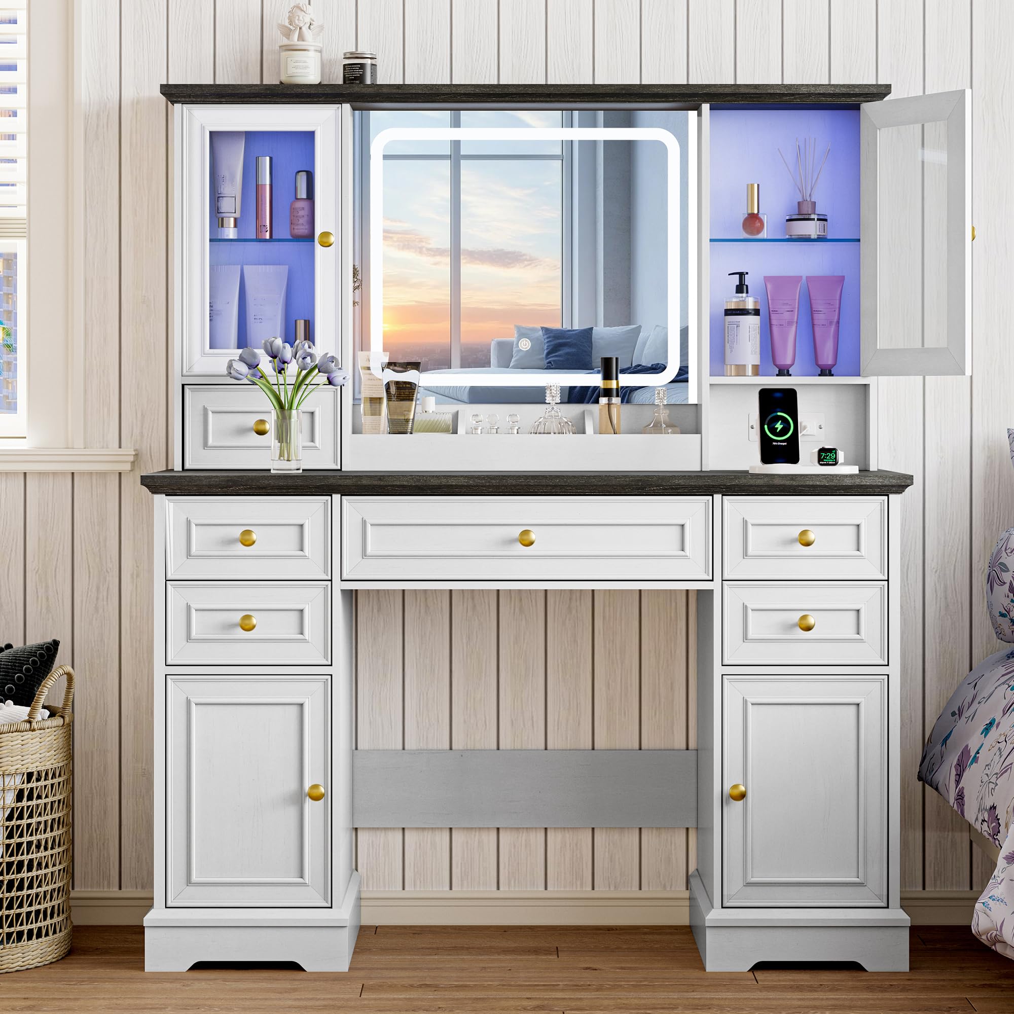 Vanity Desk with HD Lighted Mirror & Power Outlet, Farmhouse Makeup Vanity Table Set with Storage Drawers & RGB Cabinets, Large Dressing Table with 3 Lighting Modes for Women Girls Kids Bedroom, White