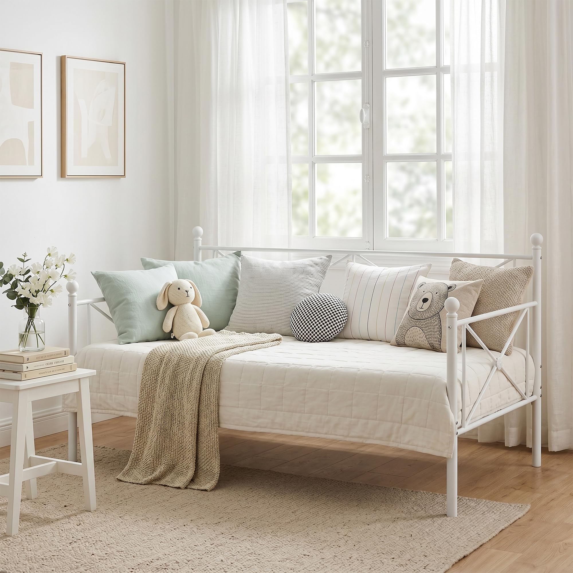 VECELO Daybed Twin Size, Day Bed Frame with Headboard, Heavy-Duty Metal Slats Support Platform for Living Room, Guest Room, Easy Assembly, White