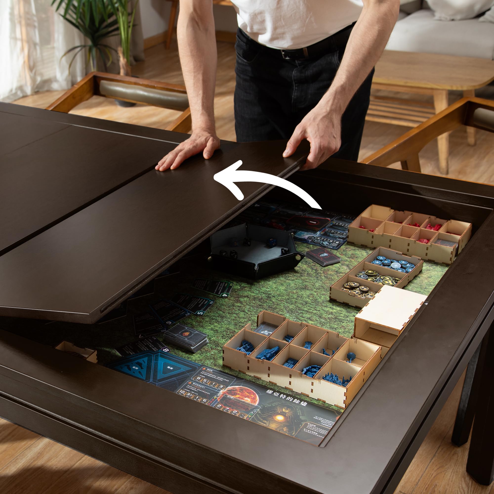 BKTSUNAMI Solid Wood Board Game Coffee Table with Removable Top, 3-in-1 Gaming and Dining Table Includes Play Mat & Detachable Cup Holders, 48" L x 33" W (Black Walnut01)