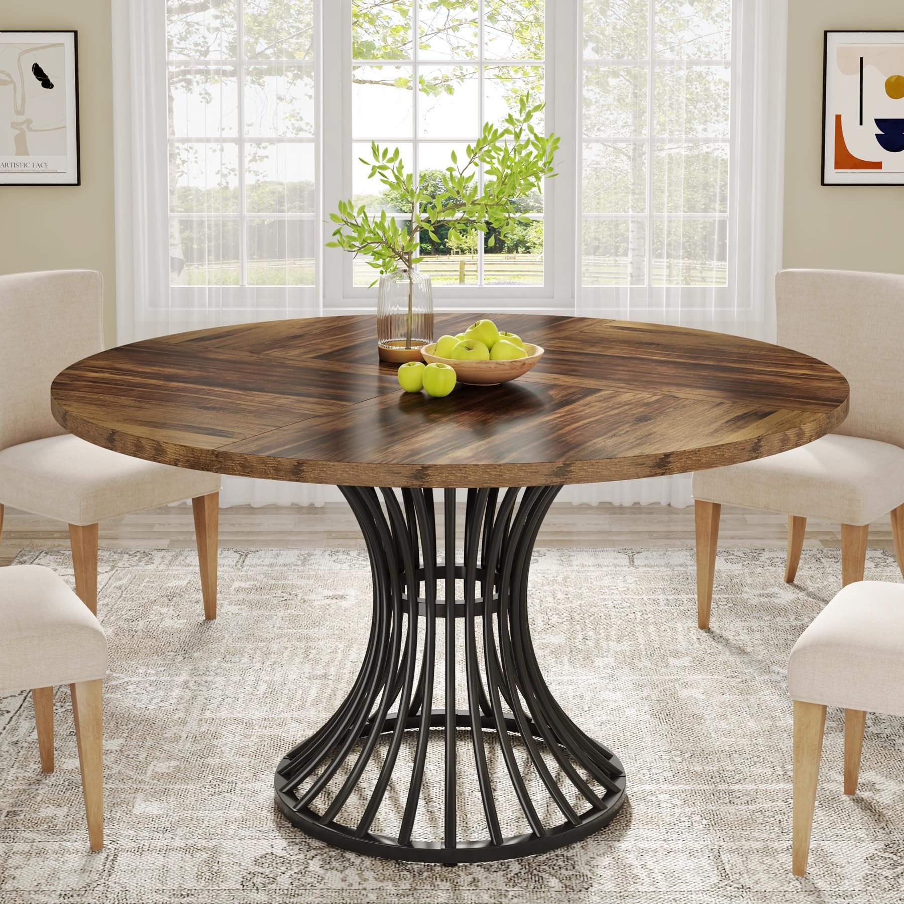 Tribesigns Round Dining Table for 4-6 People, 47-Inch Farmhouse Dinning Room Circle Kitchen Table, Industrial Dinner Table with Metal Base for Kitchen, Living Room, Black and Brown