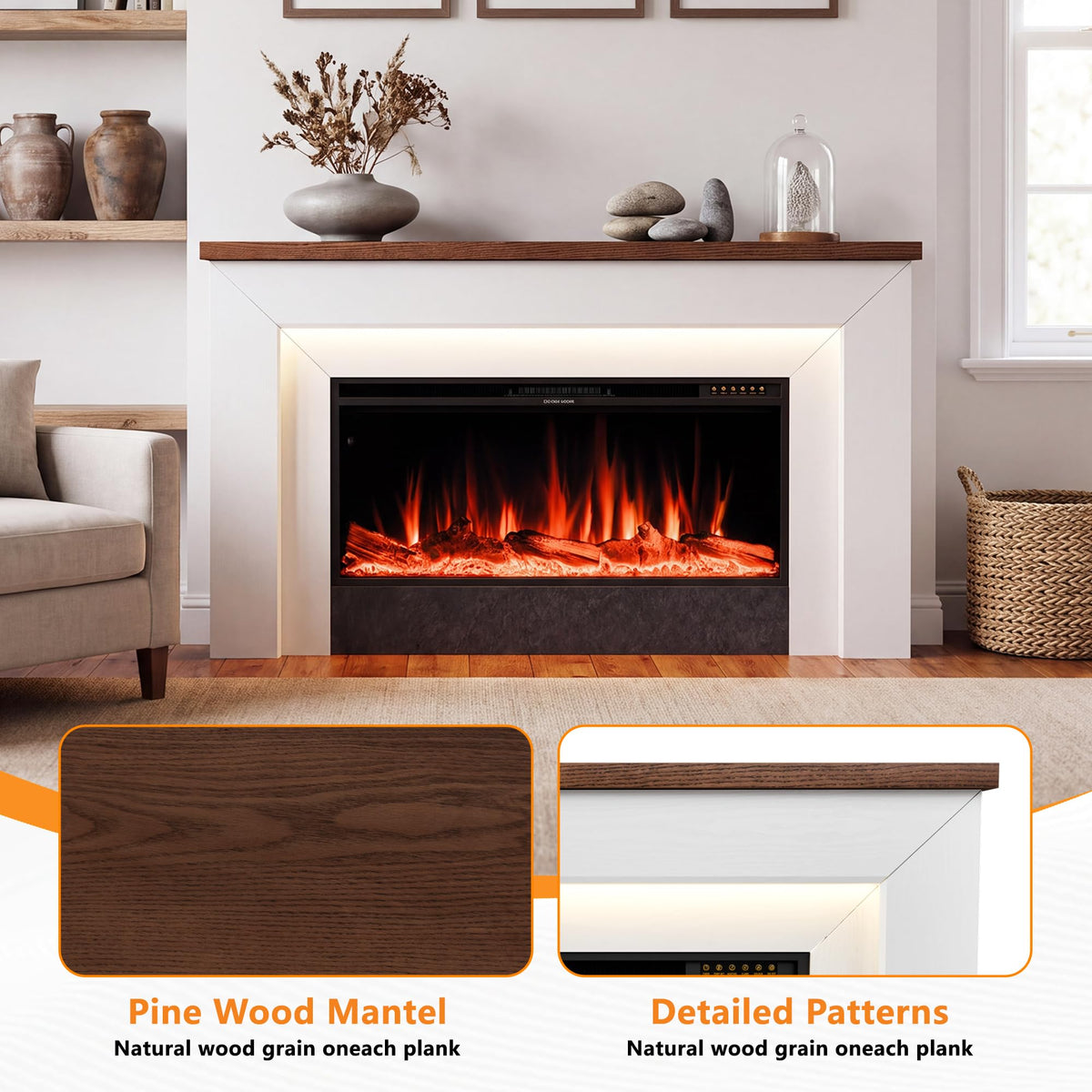 Weyderk 62" Electric Fireplace with Mantel, TV Stand with 42" Insert, 15 LED Colors & 15 Realistic 3D Flame Effects, Remote Control, 1-8h Timer, 62–84℉ Adjustable Thermostat, White