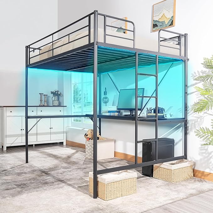 Queen Loft Bed with Charging Station & LED Lights