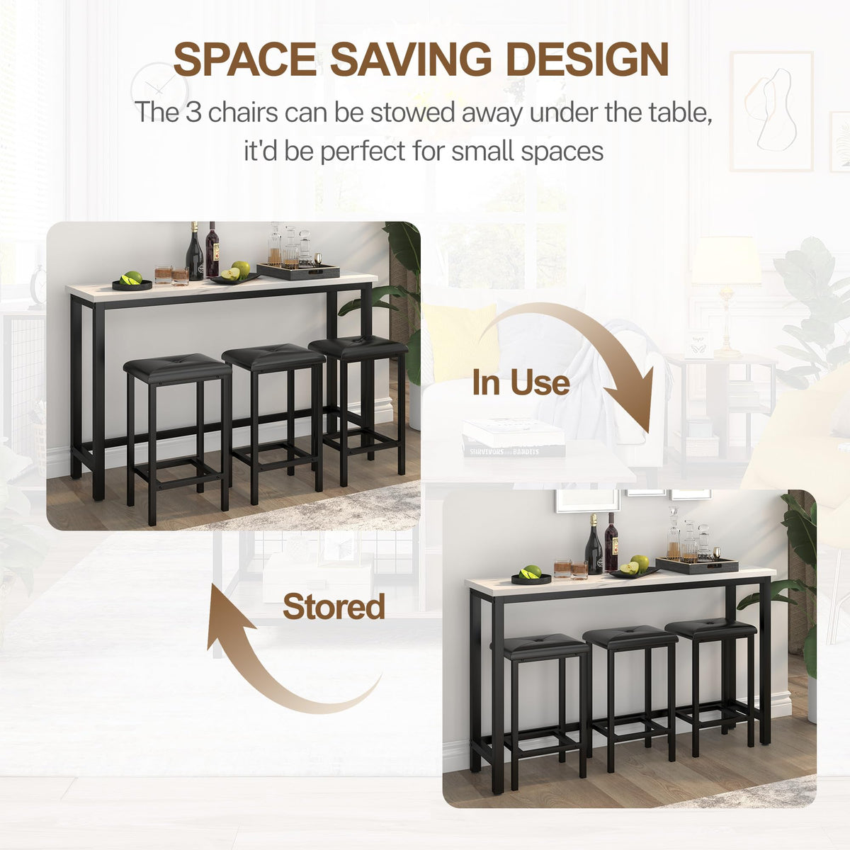 Faux Marble Bar Table Set with 3 Stools
